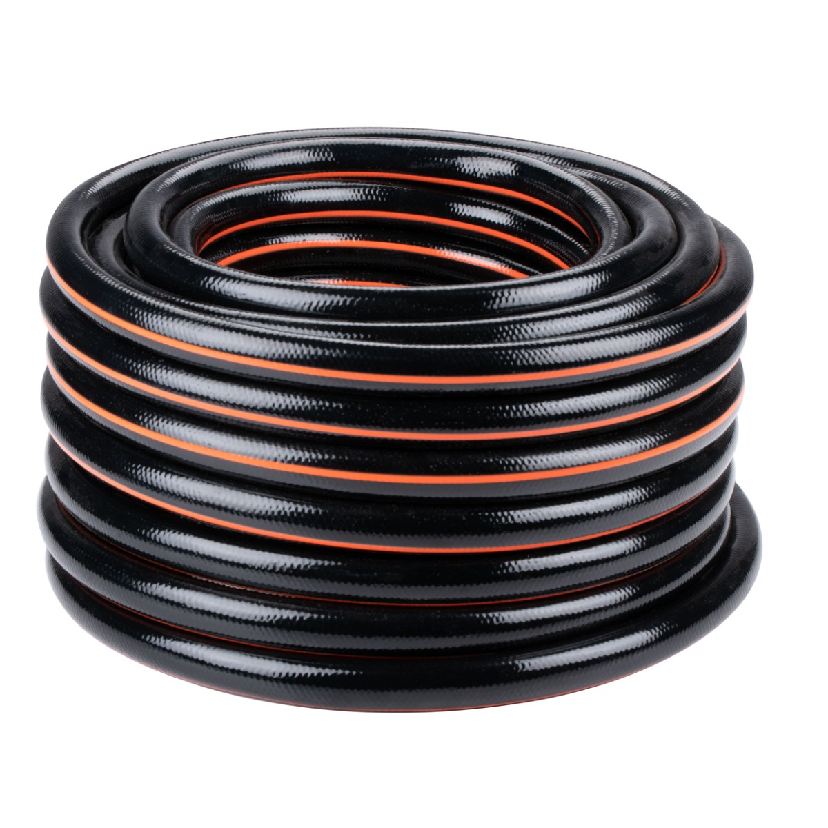 A neatly coiled black garden hose with thin orange stripes, isolated on a white background.