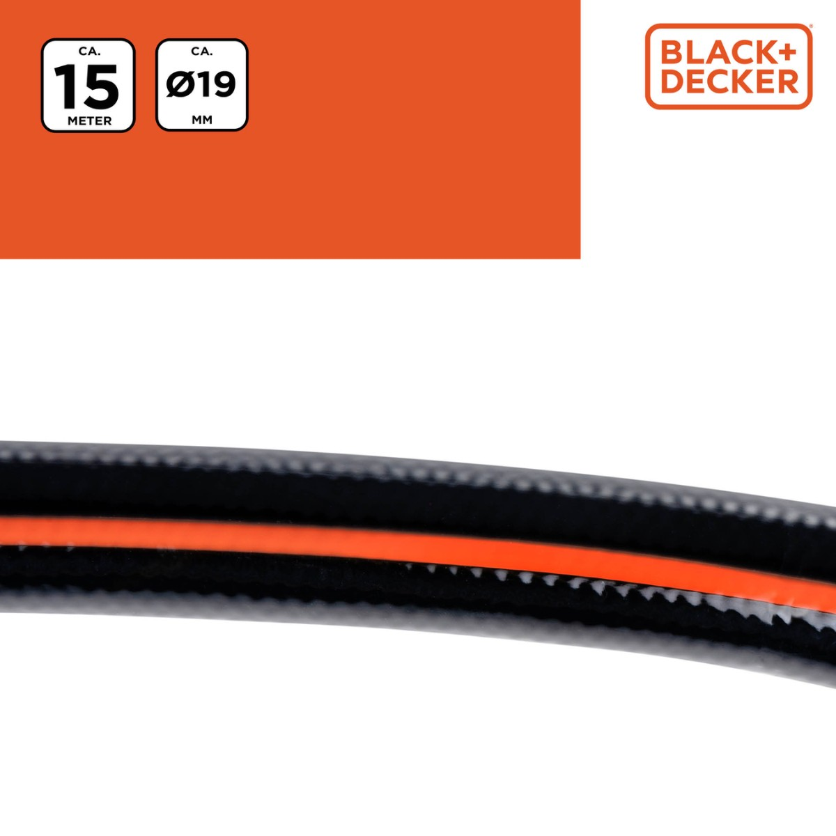 A black Black+Decker garden hose with an orange stripe, 15 meters long and 19 mm in diameter.