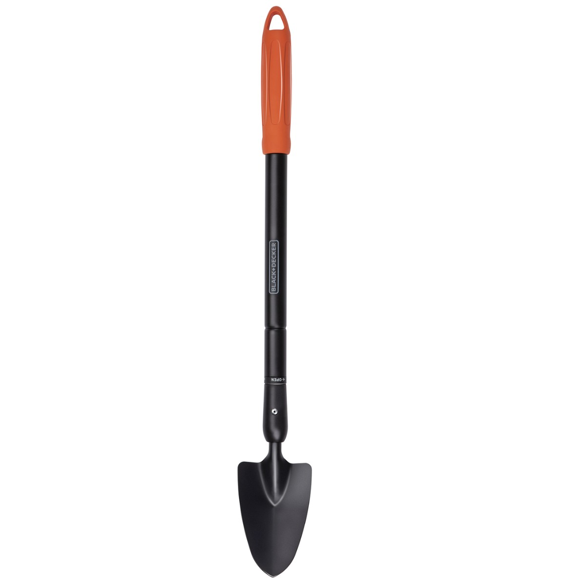 Une pelle de jardin noire avec un long manche noir et une poignée orange, montrée verticalement sur fond blanc.