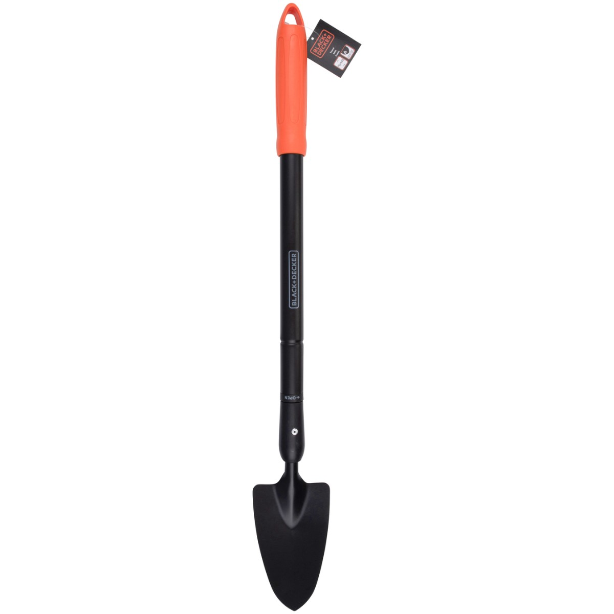 Une pelle de jardin noire avec une poignée orange et une étiquette.