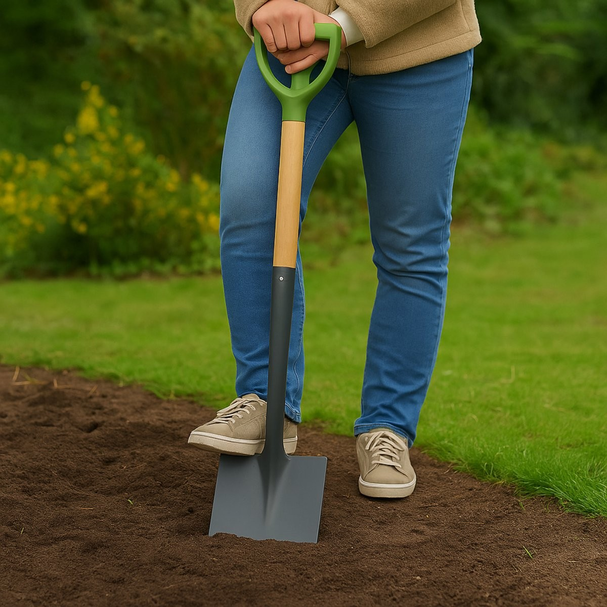Une personne en jean bleu tient une pelle et l'enfonce dans la terre sombre d'un jardin.