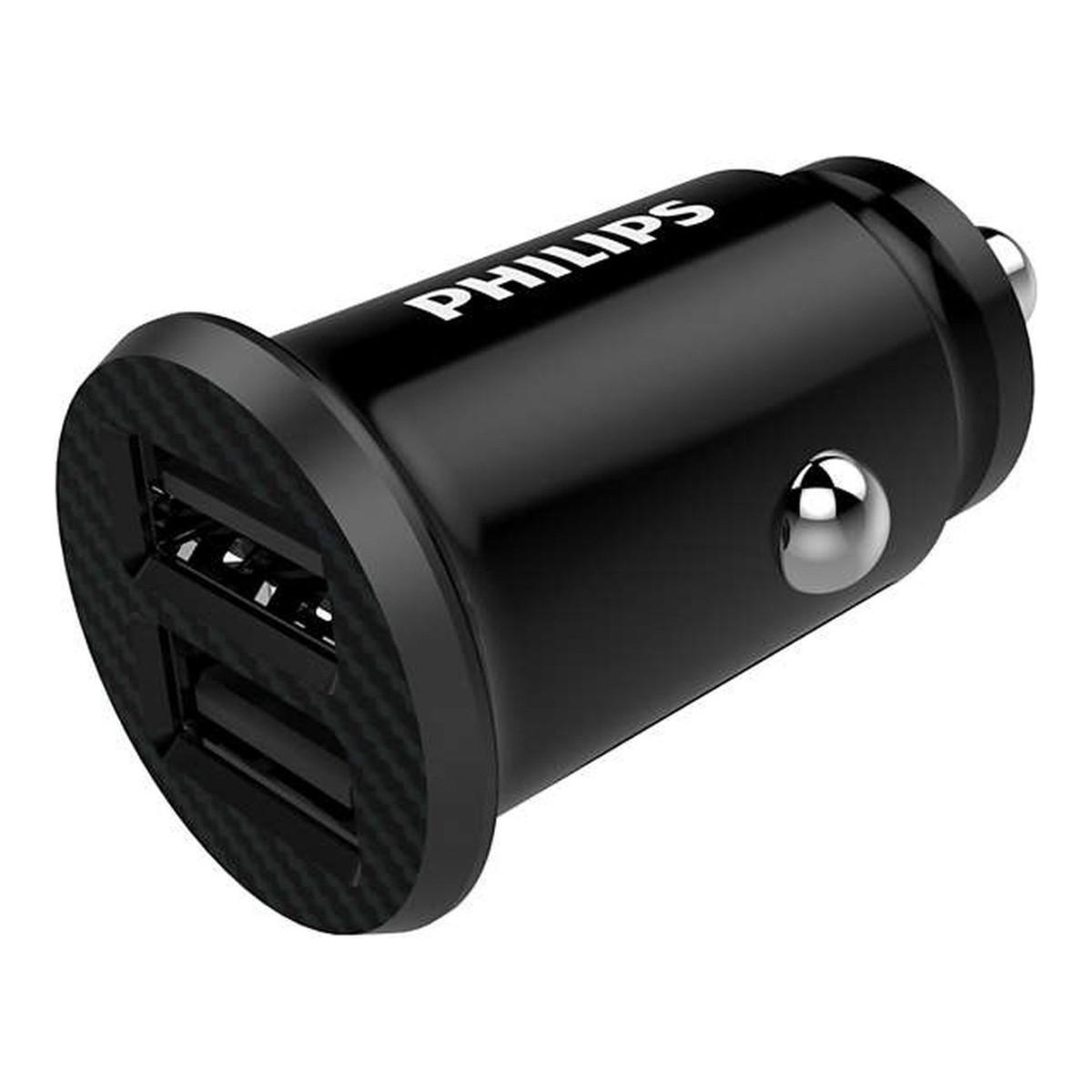 Een zwarte Philips autolader met twee USB-poorten tegen een witte achtergrond.