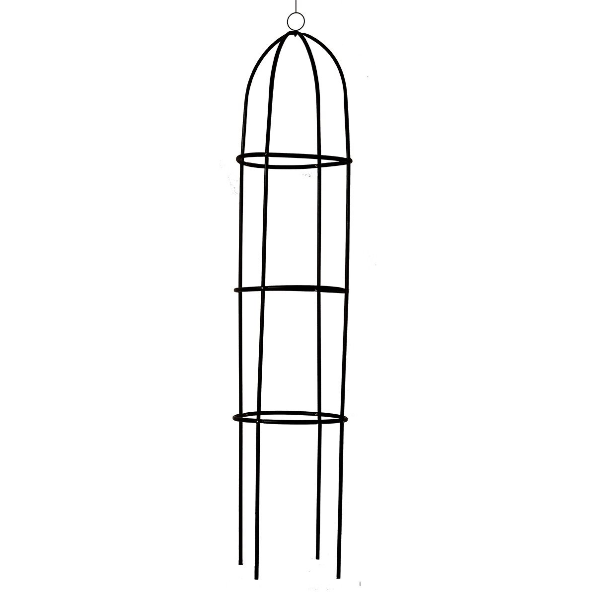 Un obélisque cylindrique en métal noir avec un haut en dôme et des anneaux de support sur un fond blanc.