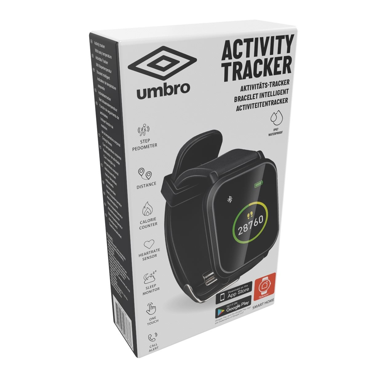 Confezione di un fitness tracker Umbro nero con contapassi e display.