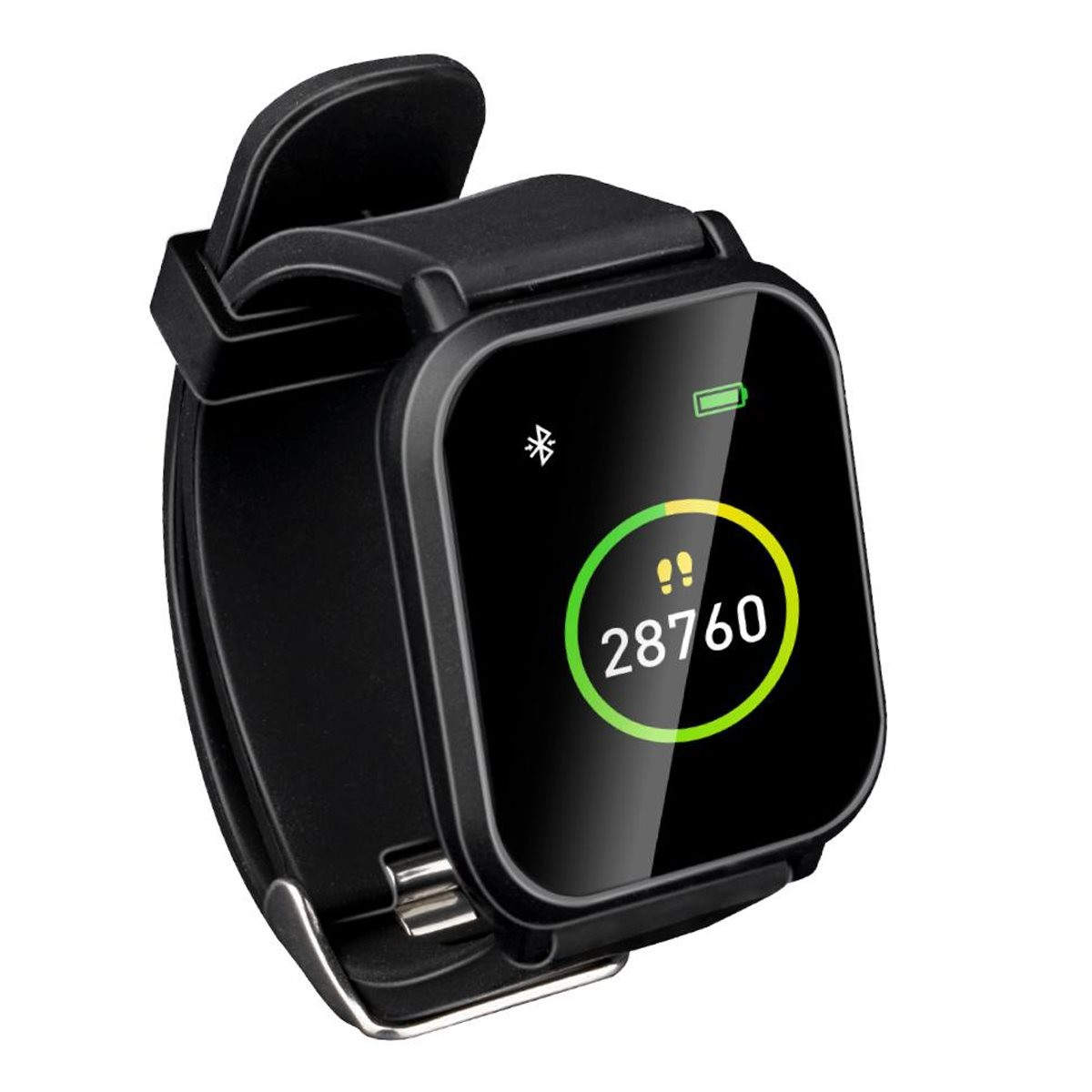 Uno smartwatch nero per il fitness con schermo digitale che mostra 28760 passi, batteria e un anello verde.