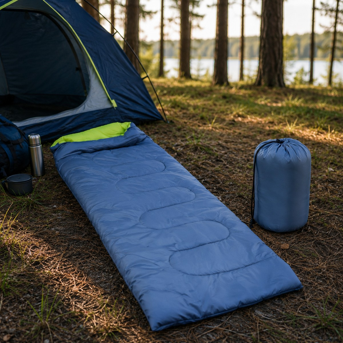 Un sac de couchage bleu, une tente, un thermos et un sac sont sur le sol de la forêt.