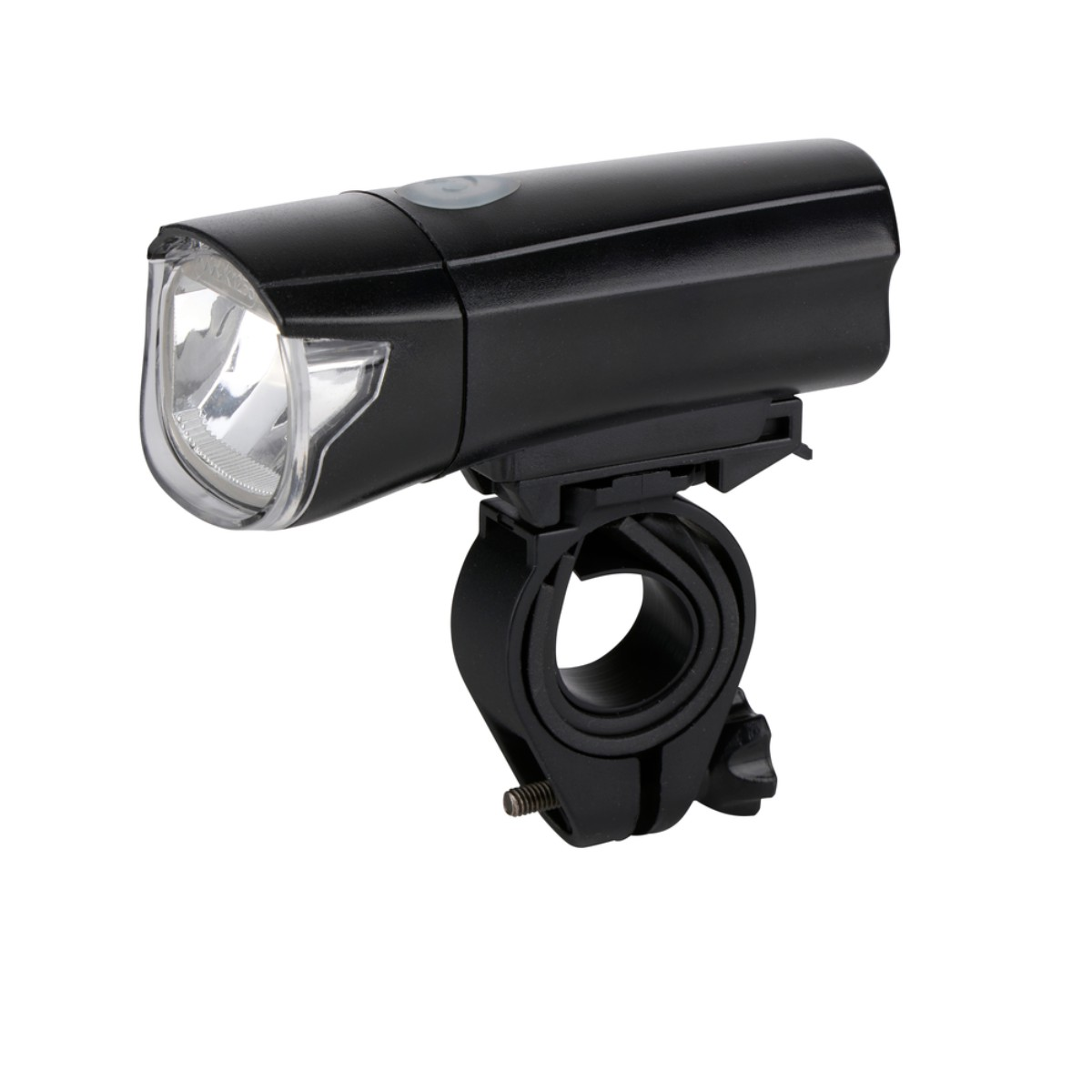 Zwarte LED-fietslamp met geïntegreerde stuurhouder tegen een witte achtergrond.