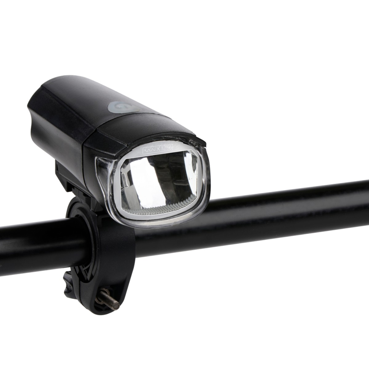Zwarte led-fietskoplamp gemonteerd op een stuur tegen een witte achtergrond.