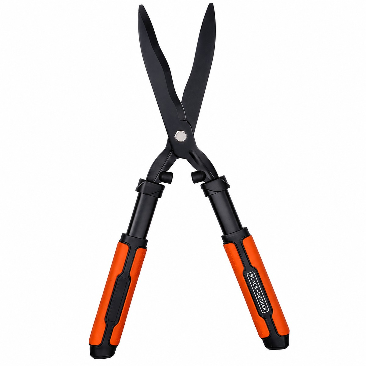 Schwarze Heckenschere mit ausziehbaren orangen Griffen auf weißem Grund.