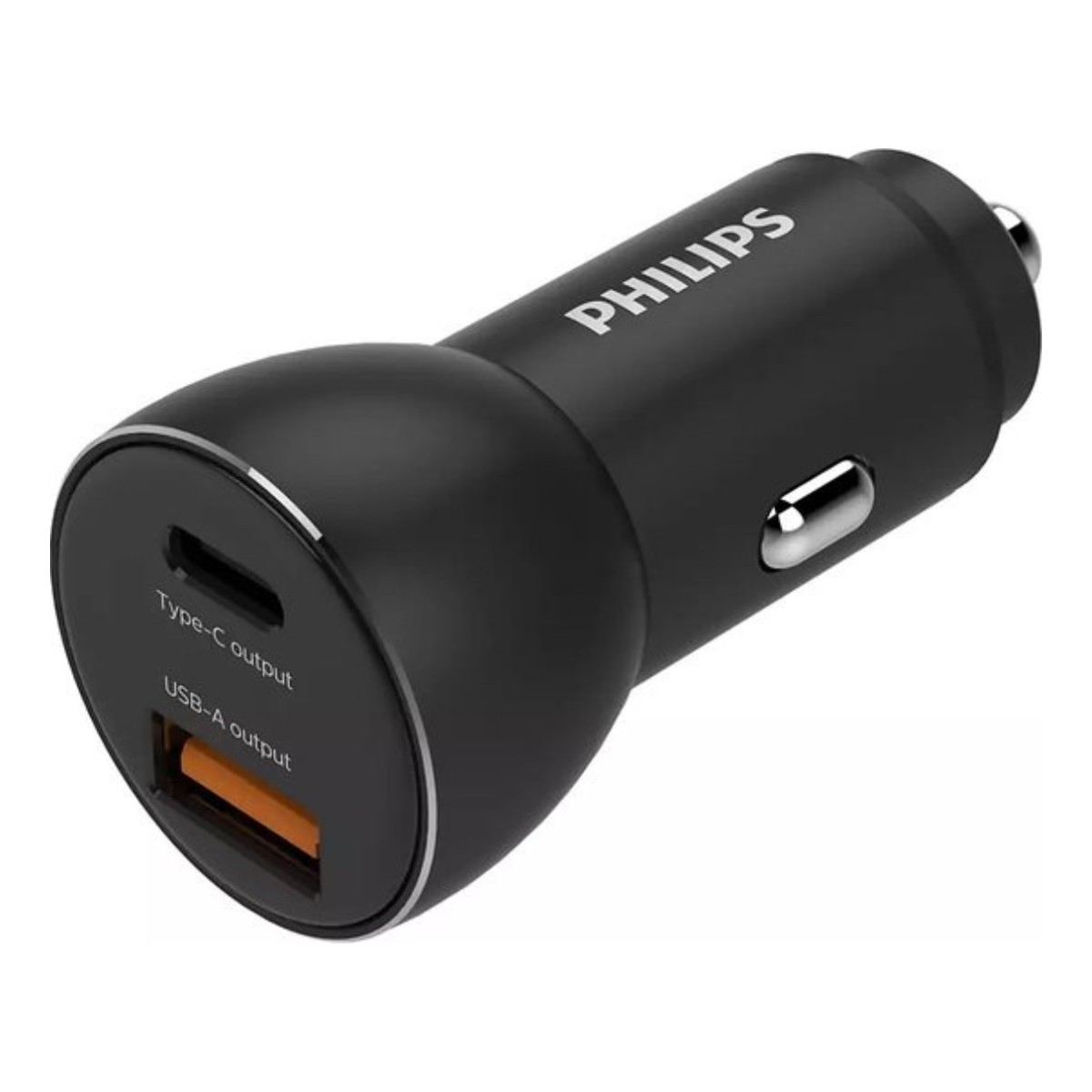 Chargeur de voiture Philips noir avec un port USB-C et un port USB-A orange.