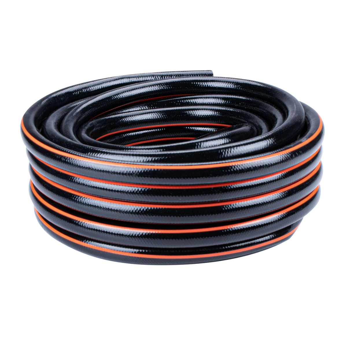 A coiled black garden hose with thin orange stripes on a white background.