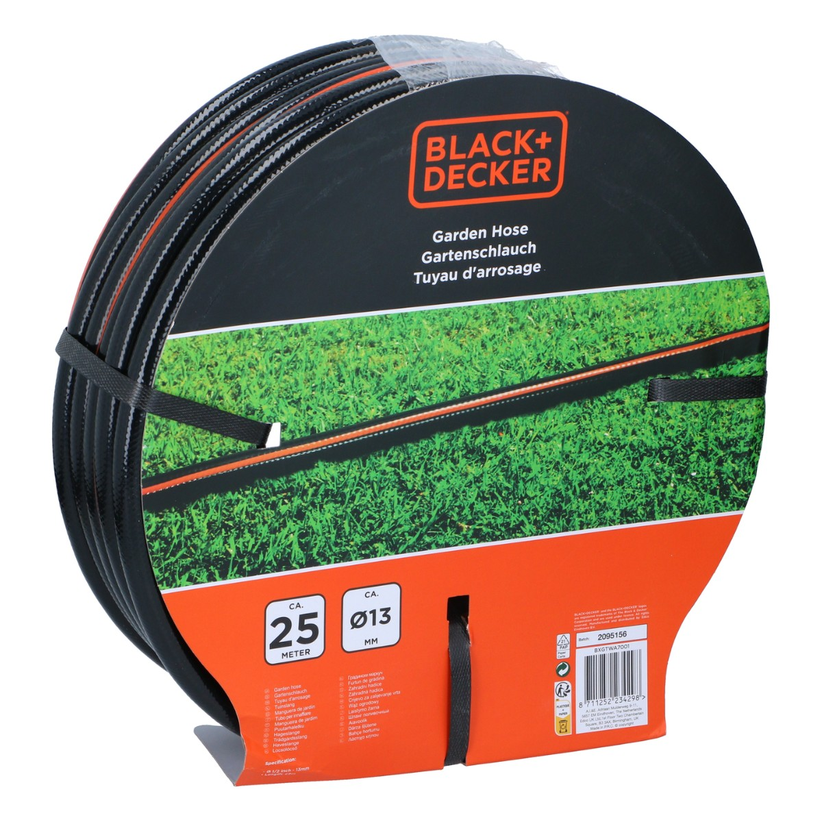 Coiled black Black+Decker garden hose, 25m long and 13mm diameter, displayed with its packaging label.