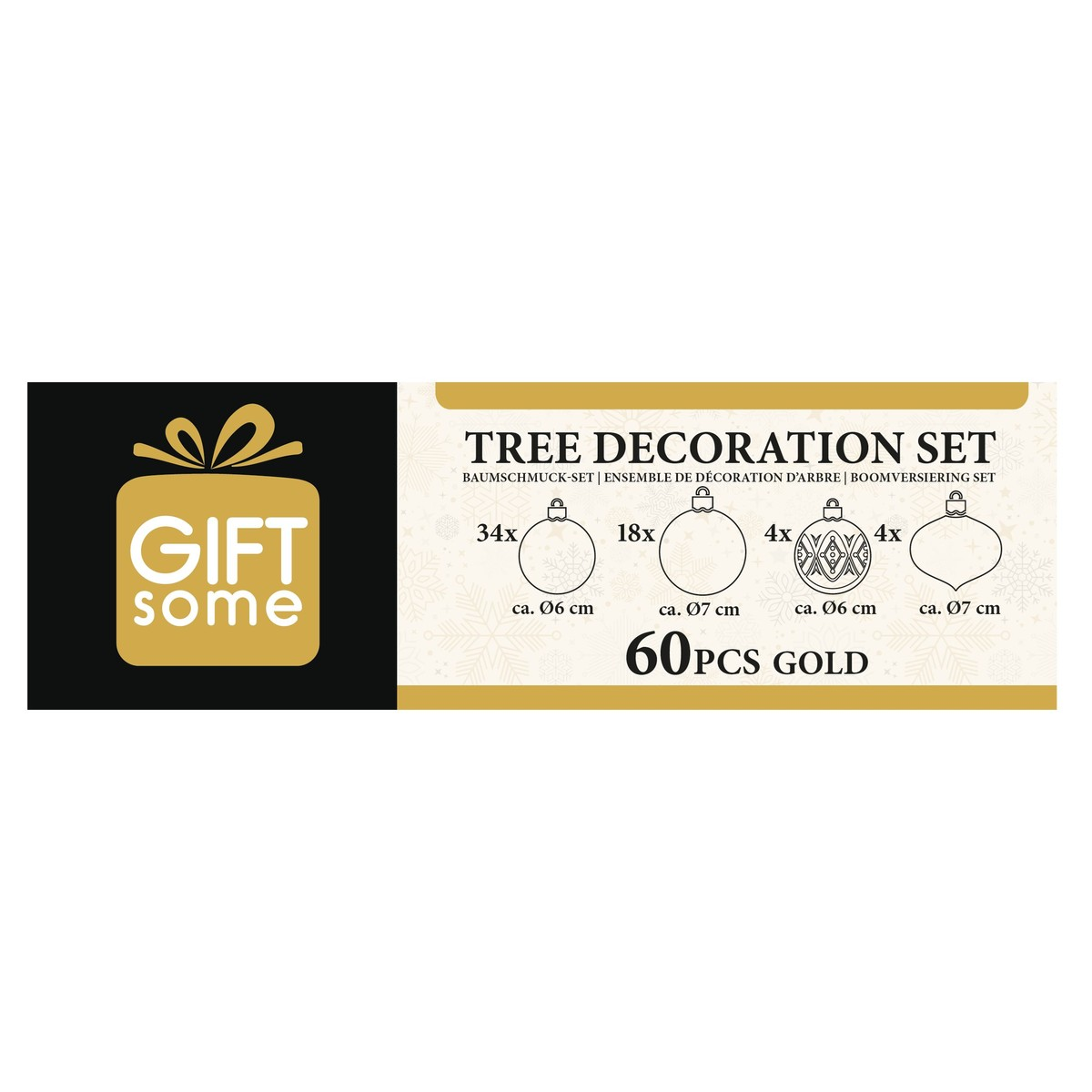 Packaging for a Christmas tree decoration set featuring 60 gold ornaments in various sizes.