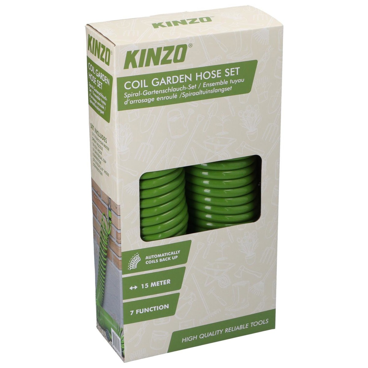A green Kinzo coil garden hose set box with a clear window showing the green hose inside.