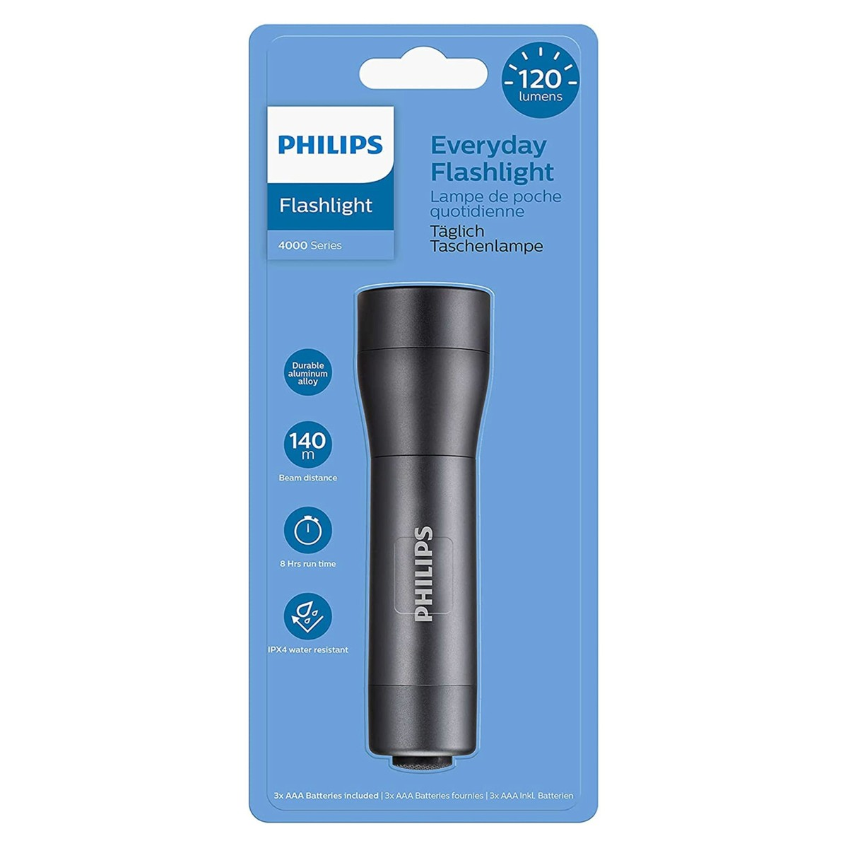 Confezione blu di torcia Philips con torcia nera e dettagli del prodotto.
