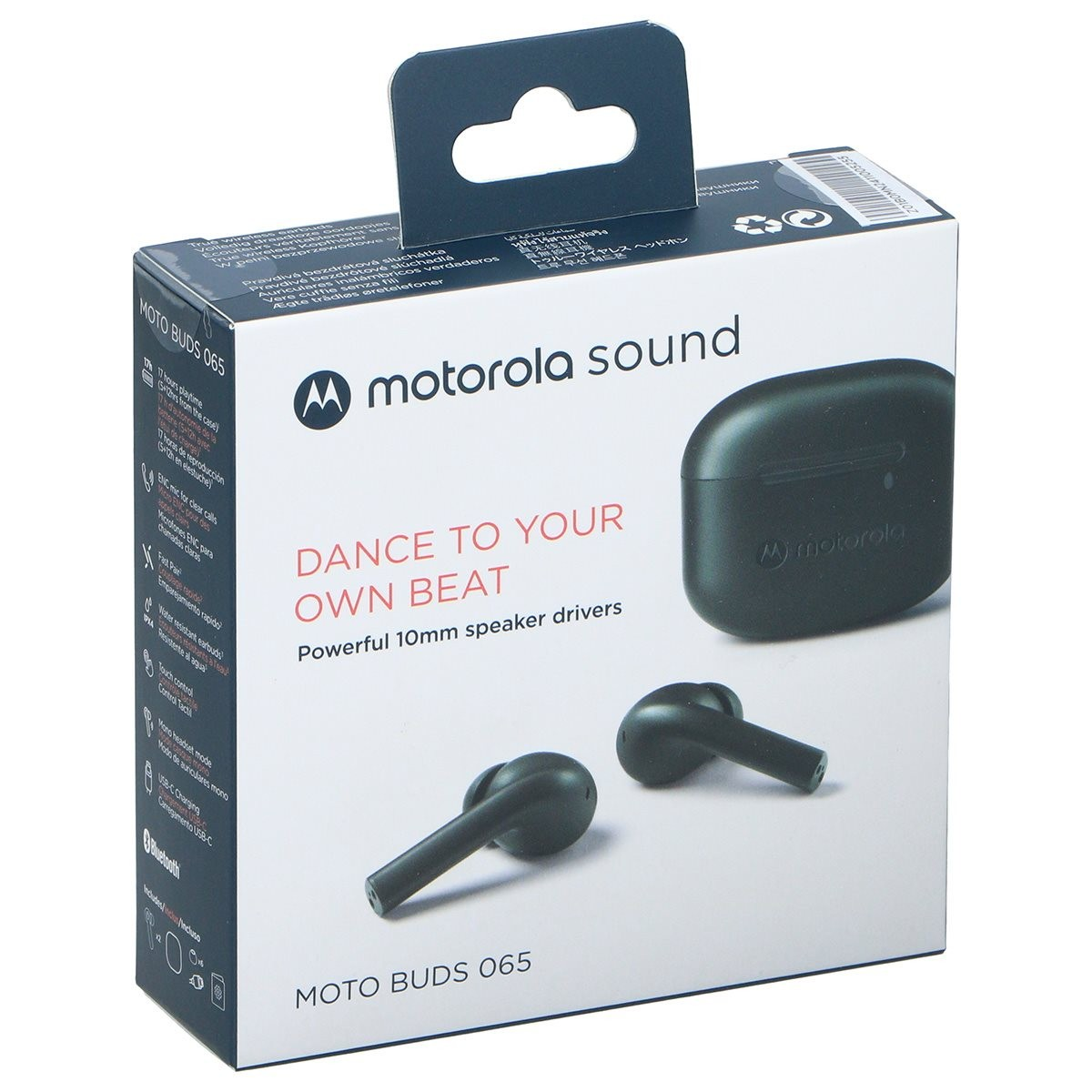 Embalaje de Motorola Buds 065 que muestra el estuche de carga y los auriculares.