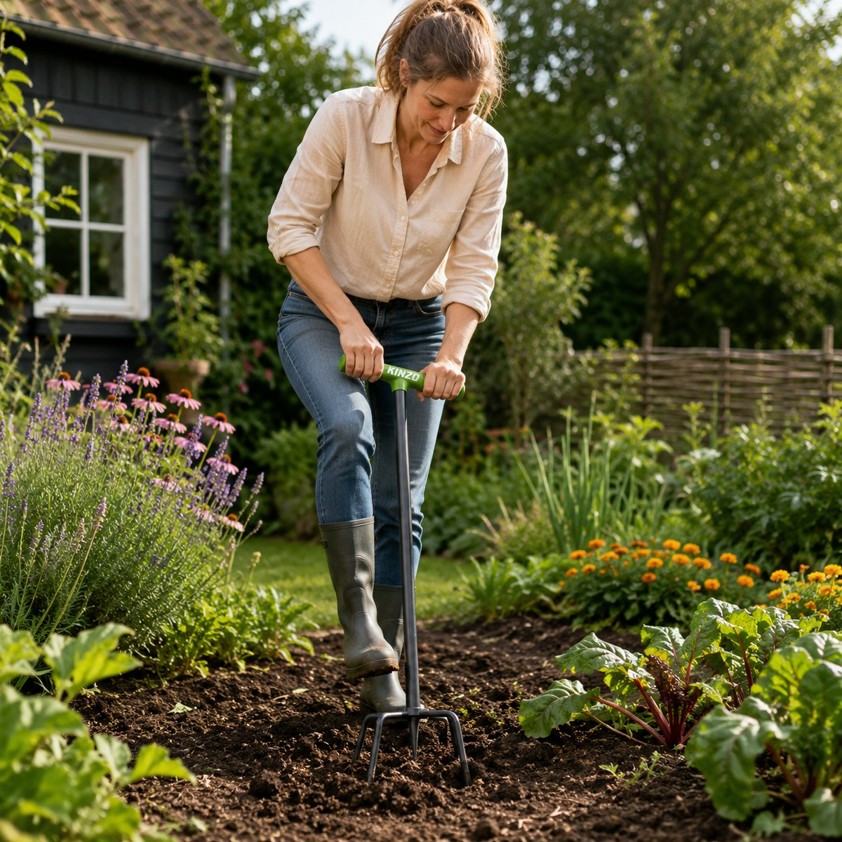 Une femme utilise un outil de jardinage manuel dans la terre, entourée de fleurs et de légumes.