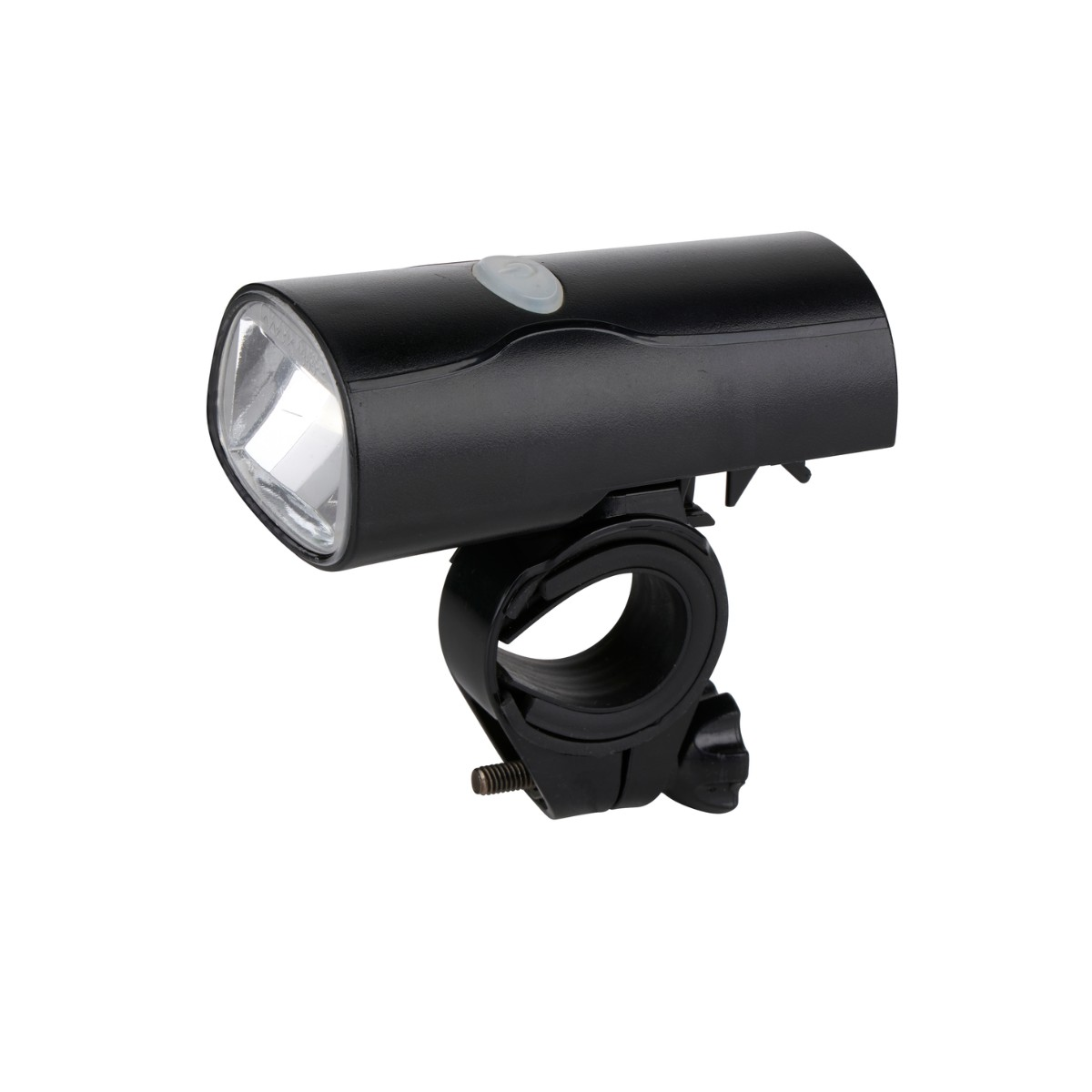 Zwarte fietsvoorlamp met stuurbevestiging tegen een witte achtergrond.