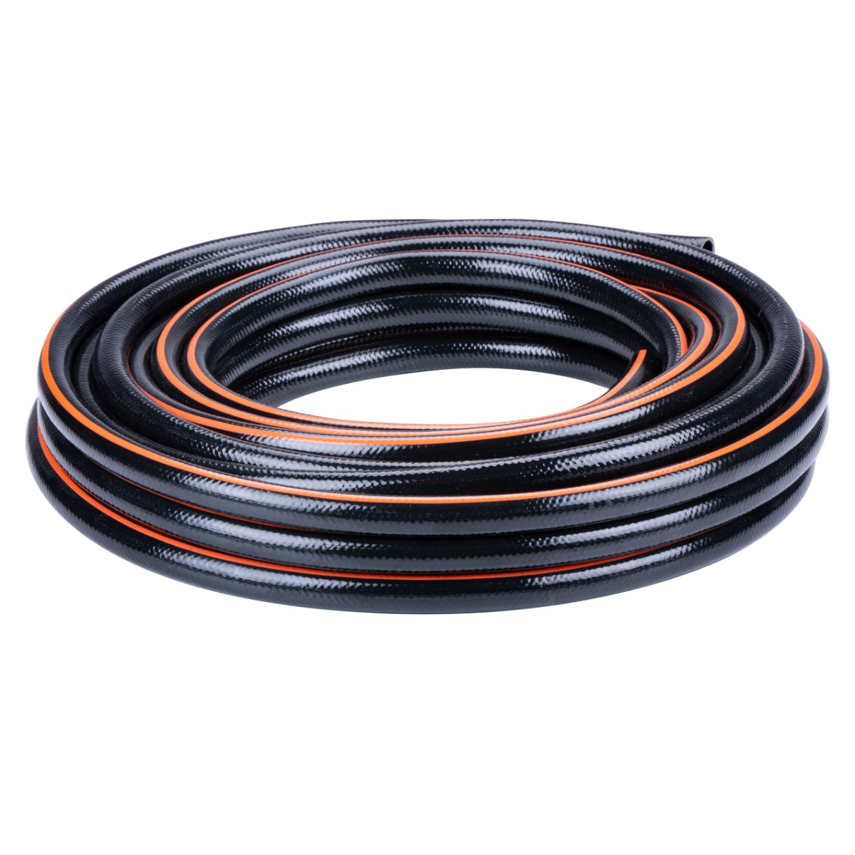 A neatly coiled black garden hose with thin orange stripes against a white background.