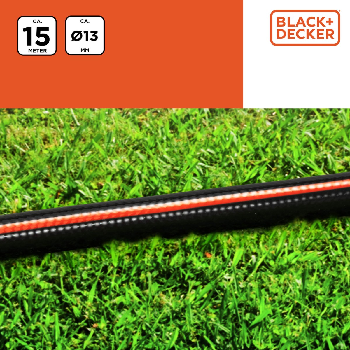 A black garden hose with a red stripe lies on grass. Logos and measurements are at the top.