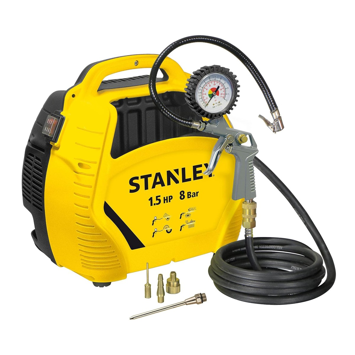 Compresor de aire Stanley de 1.5 HP amarillo y negro con manguera, manómetro y boquillas.