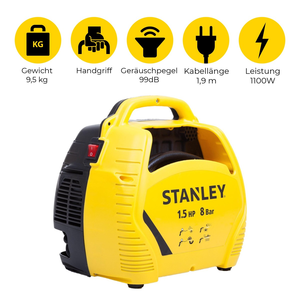Compresor Stanley amarillo de 1,5 HP, 8 bar y iconos amarillos arriba para peso, asa, ruido, cable y potencia.