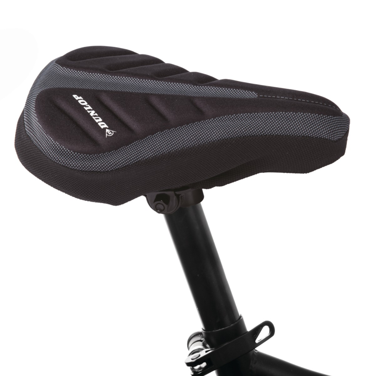 Een zwarte Dunlop fietszadel met grijze accents op een zadelpen.