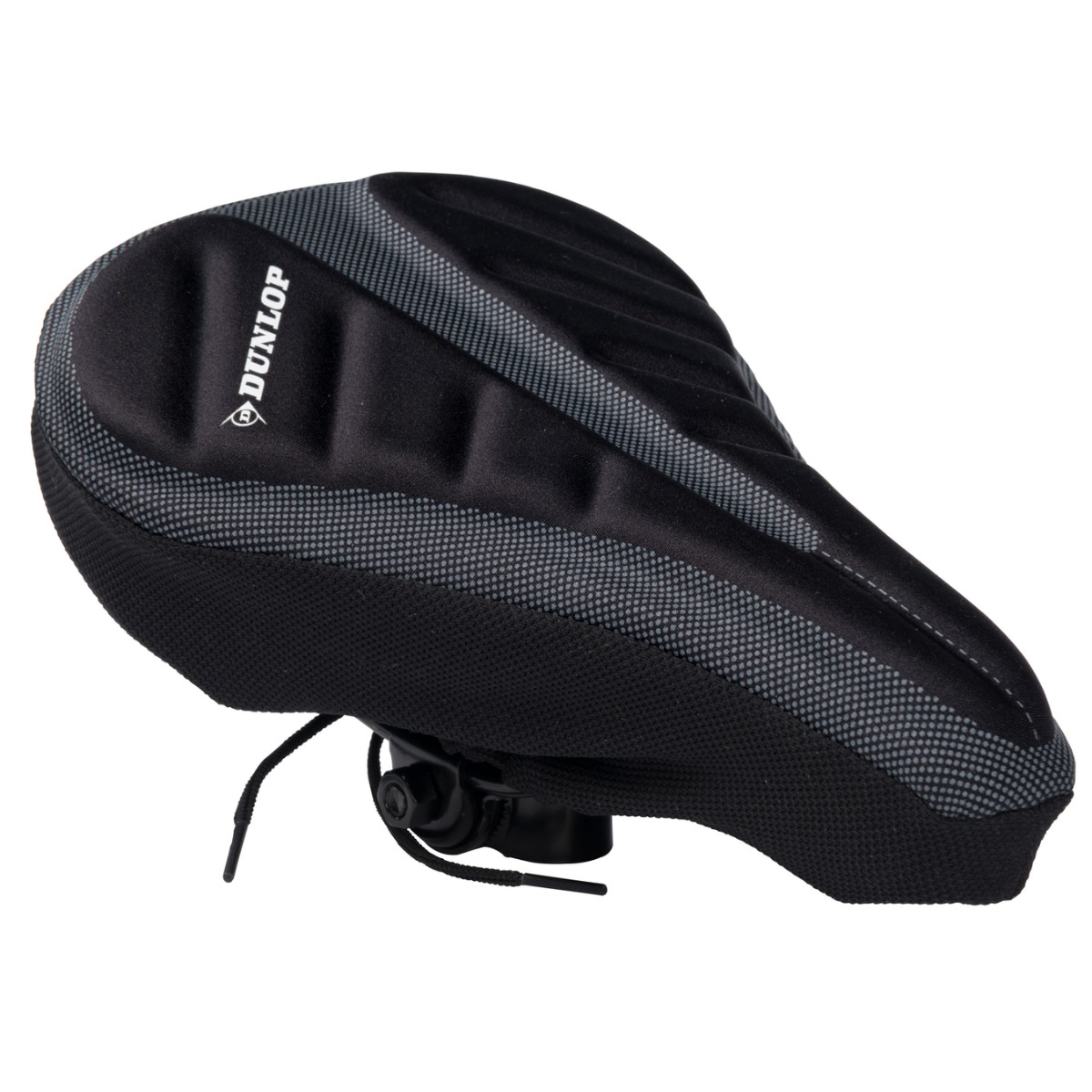Een zwarte Dunlop fietszadelhoes met grijze accents op een witte achtergrond.