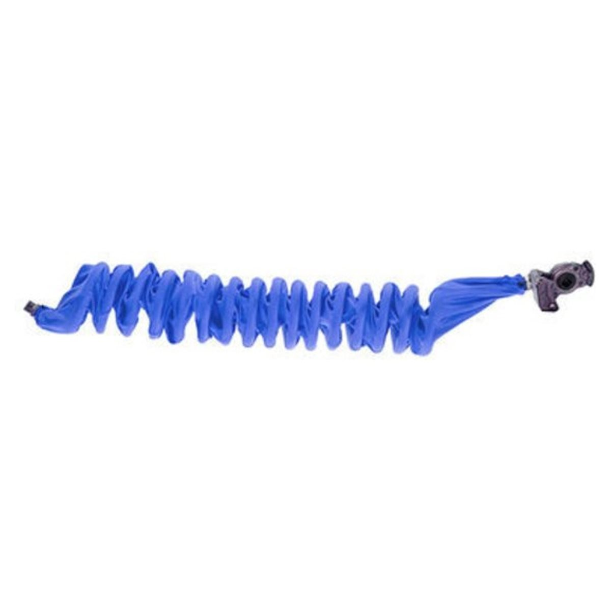 Un long tuyau à soufflet bleu avec une pince mécanique à une extrémité sur fond blanc.