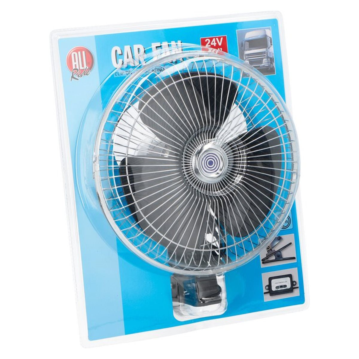 Un ventilateur de voiture dans un emballage en plastique sur fond bleu.