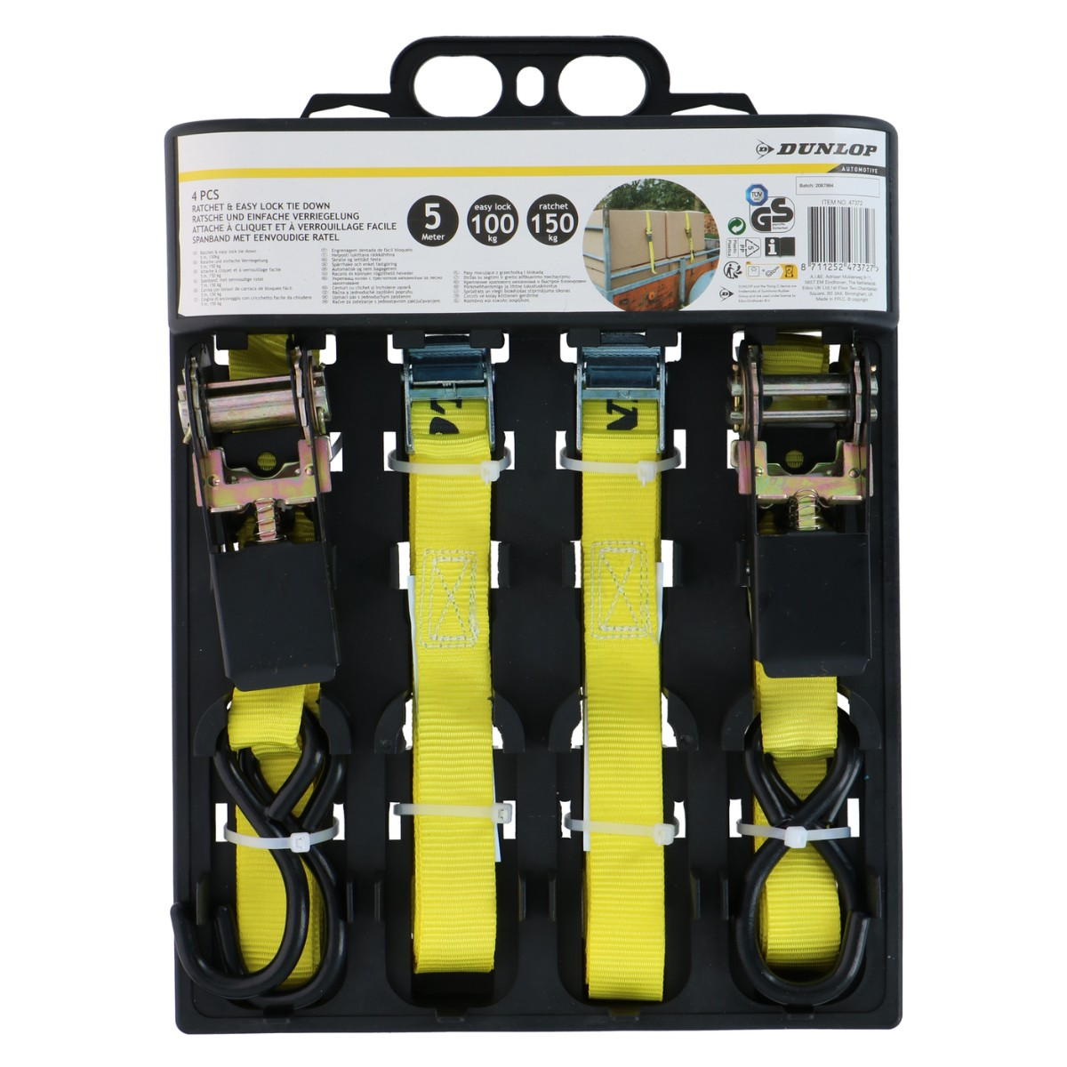 Set van vier gele Dunlop spanbanden met ratel en haken in zwartehouder.