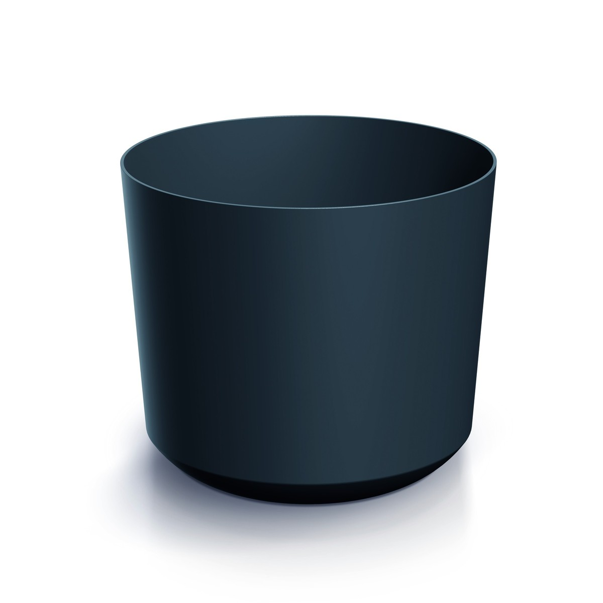 A simple, round black flower pot on a white background.