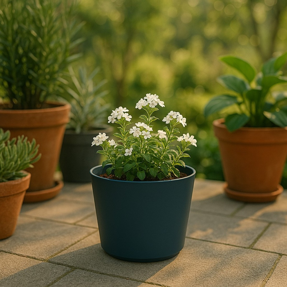 Pot of white flowers with green leaves on stones, surrounded by other pots in a garden.