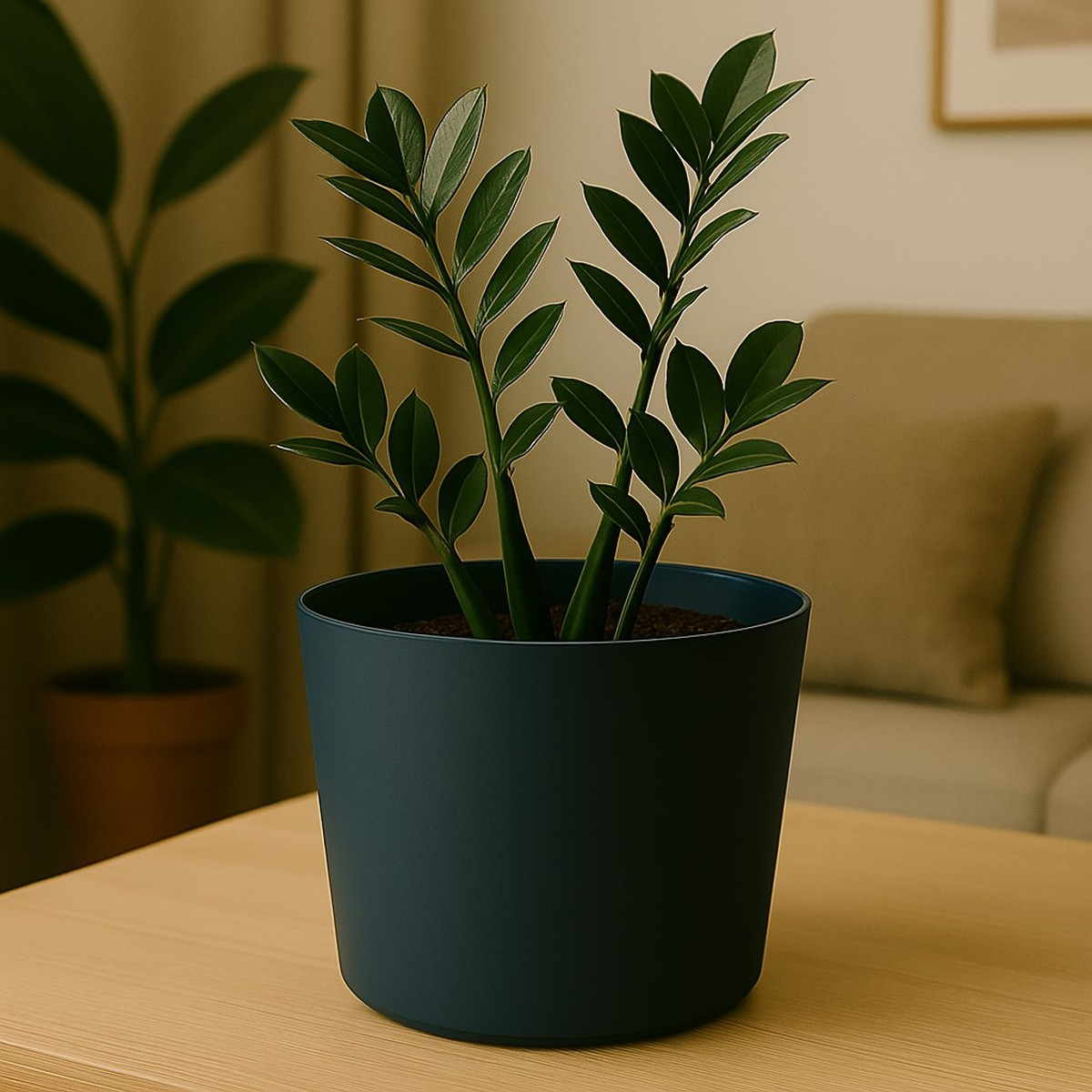 A potted houseplant sits on a wooden table, with a sofa in the blurred background.