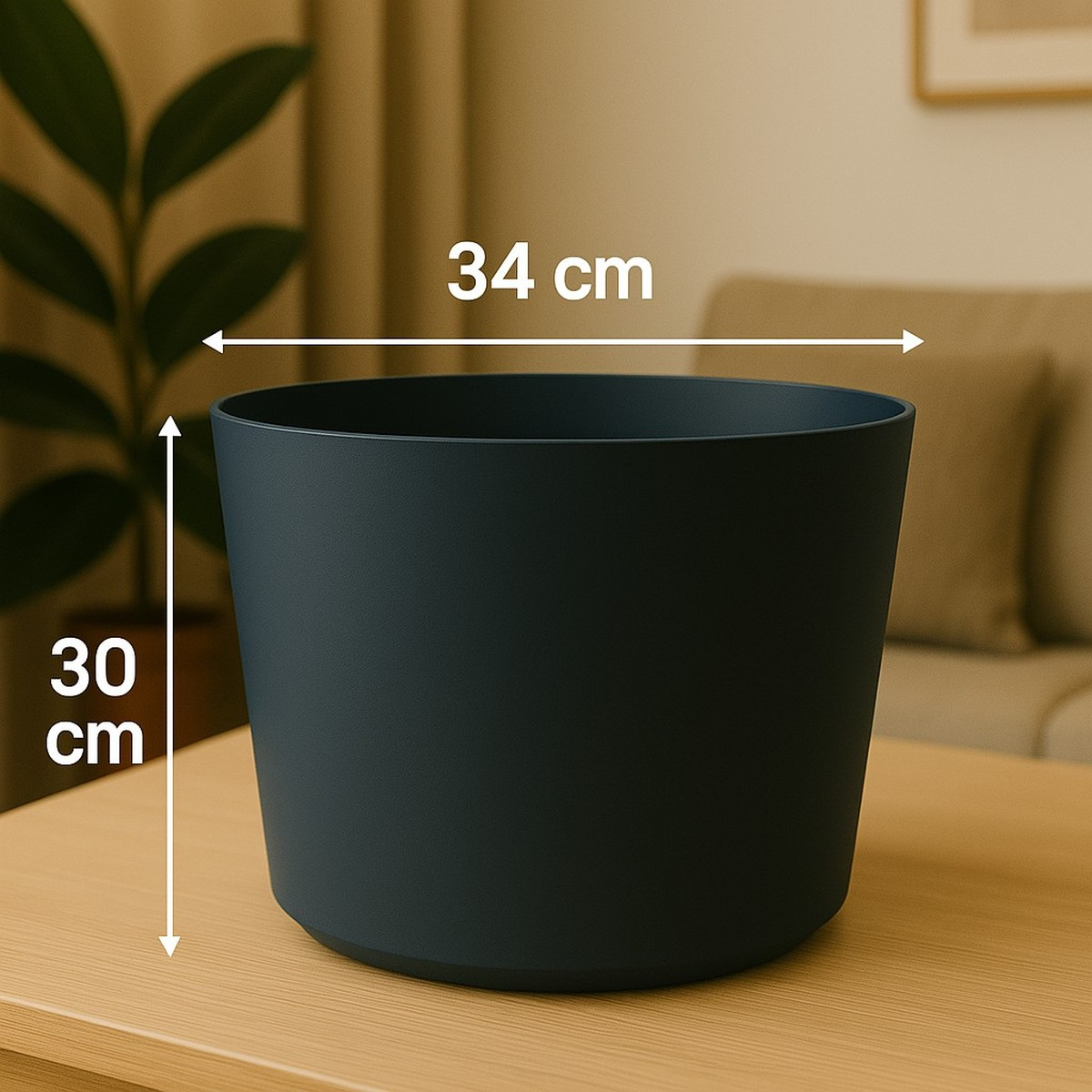 Dark blue round flowerpot on wooden table with dimensions 34 cm wide and 30 cm high.