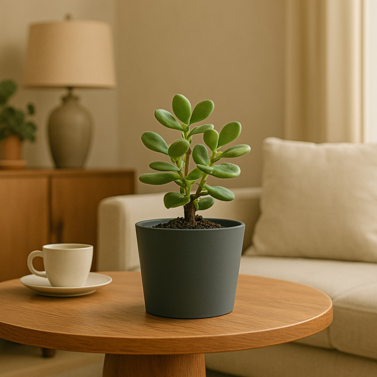 A small succulent plant in a grey pot on a wooden table, with a sofa and lamp in the background.