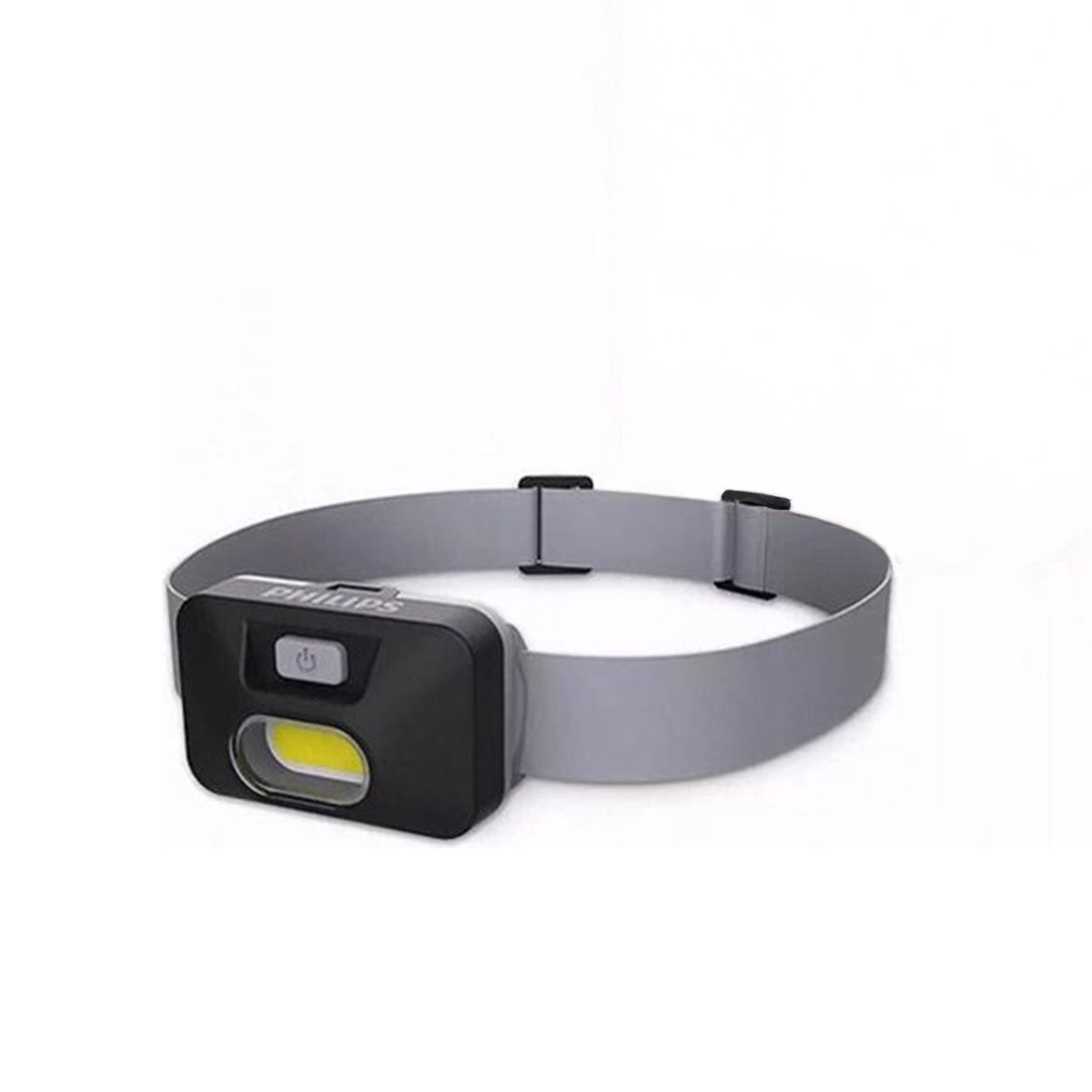 Eine schwarze Philips Stirnlampe mit grauem Gummiband auf weißem Hintergrund.