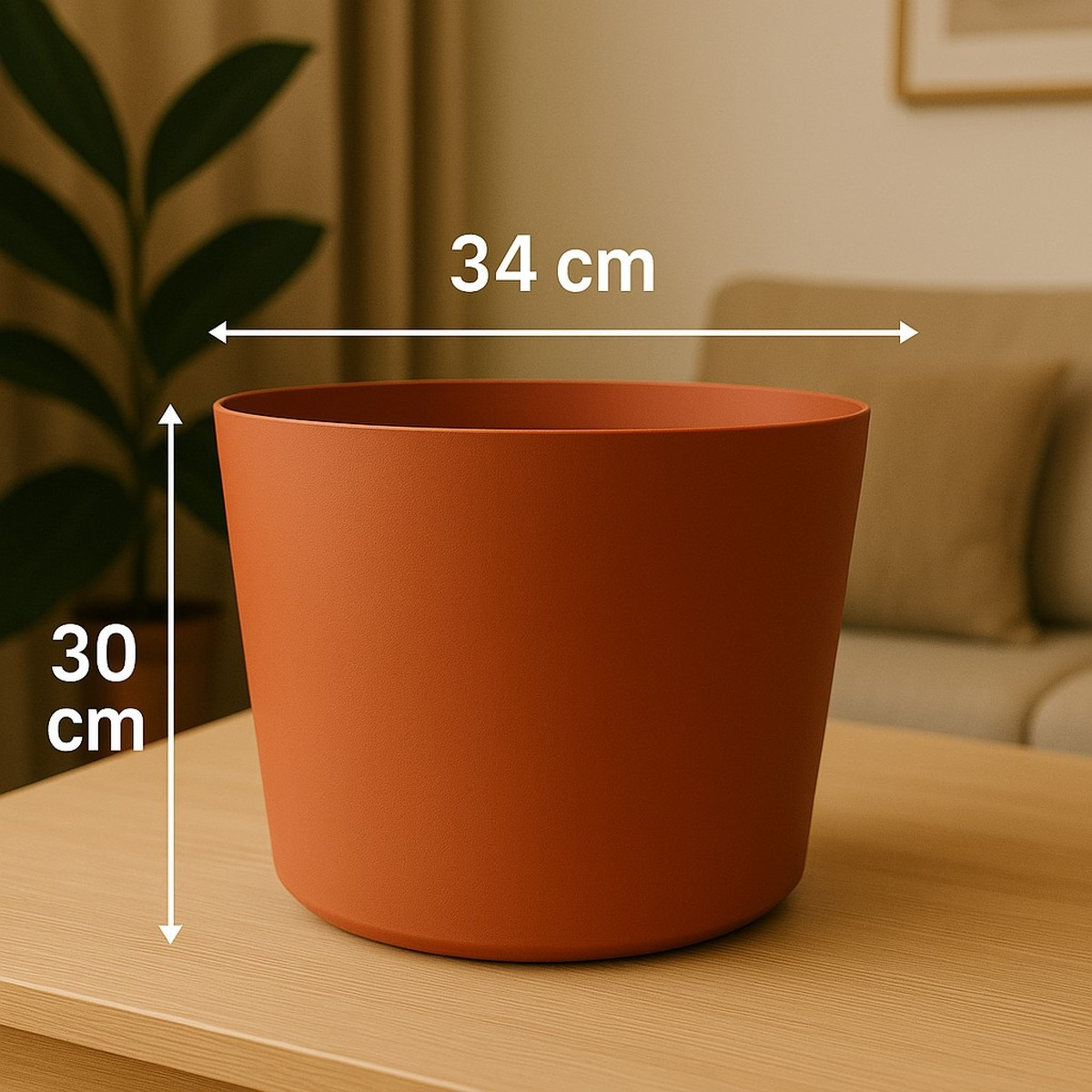 Red flower pot on a wooden table with dimension labels showing 34 cm width and 30 cm height.