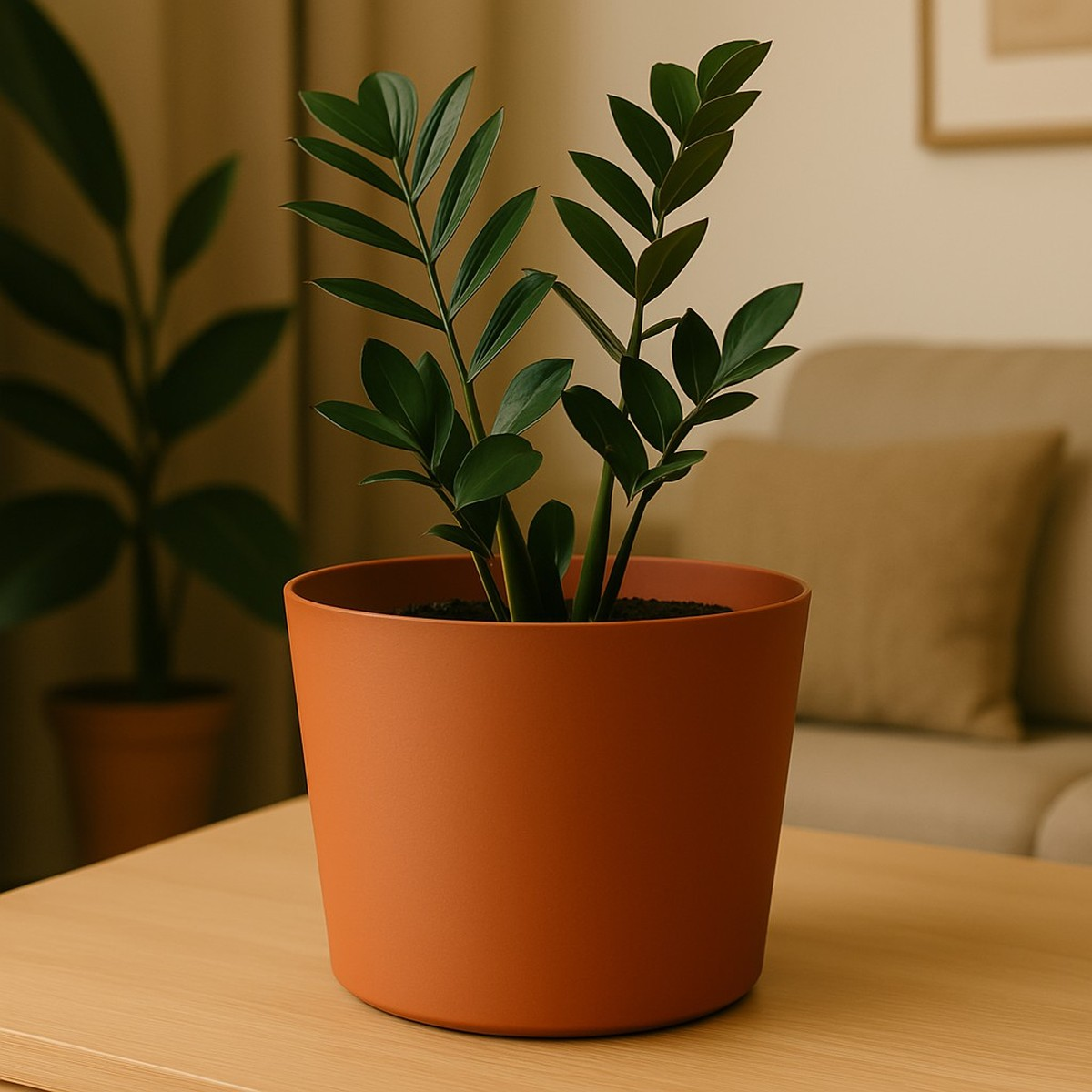 A green houseplant in a terracotta-colored pot on a wooden table, with a sofa in the background.