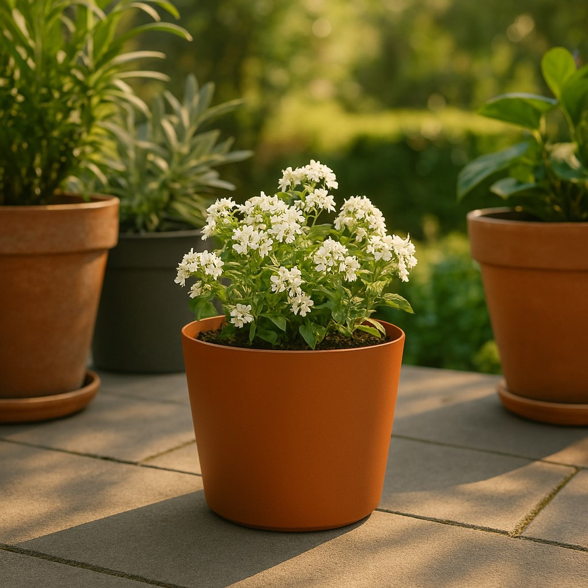 Potted plant with small white flowers in a terracotta pot on stone flooring, with other pots in the background.