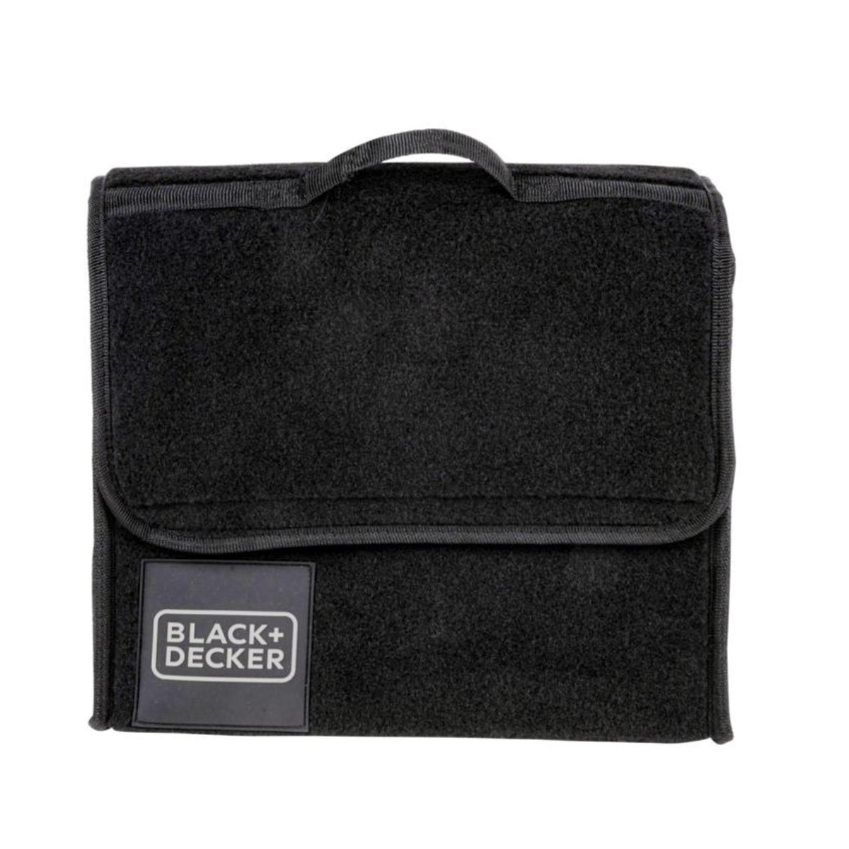 A black tool bag with a carrying handle and a white Black+Decker logo against a white background.