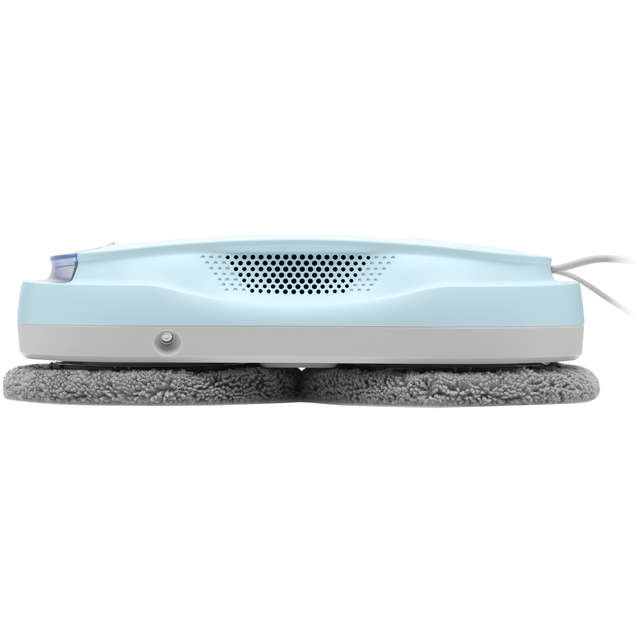 Vista laterale di un robot pulisci vetri azzurro e grigio con due mocio grigi rotondi su sfondo bianco.