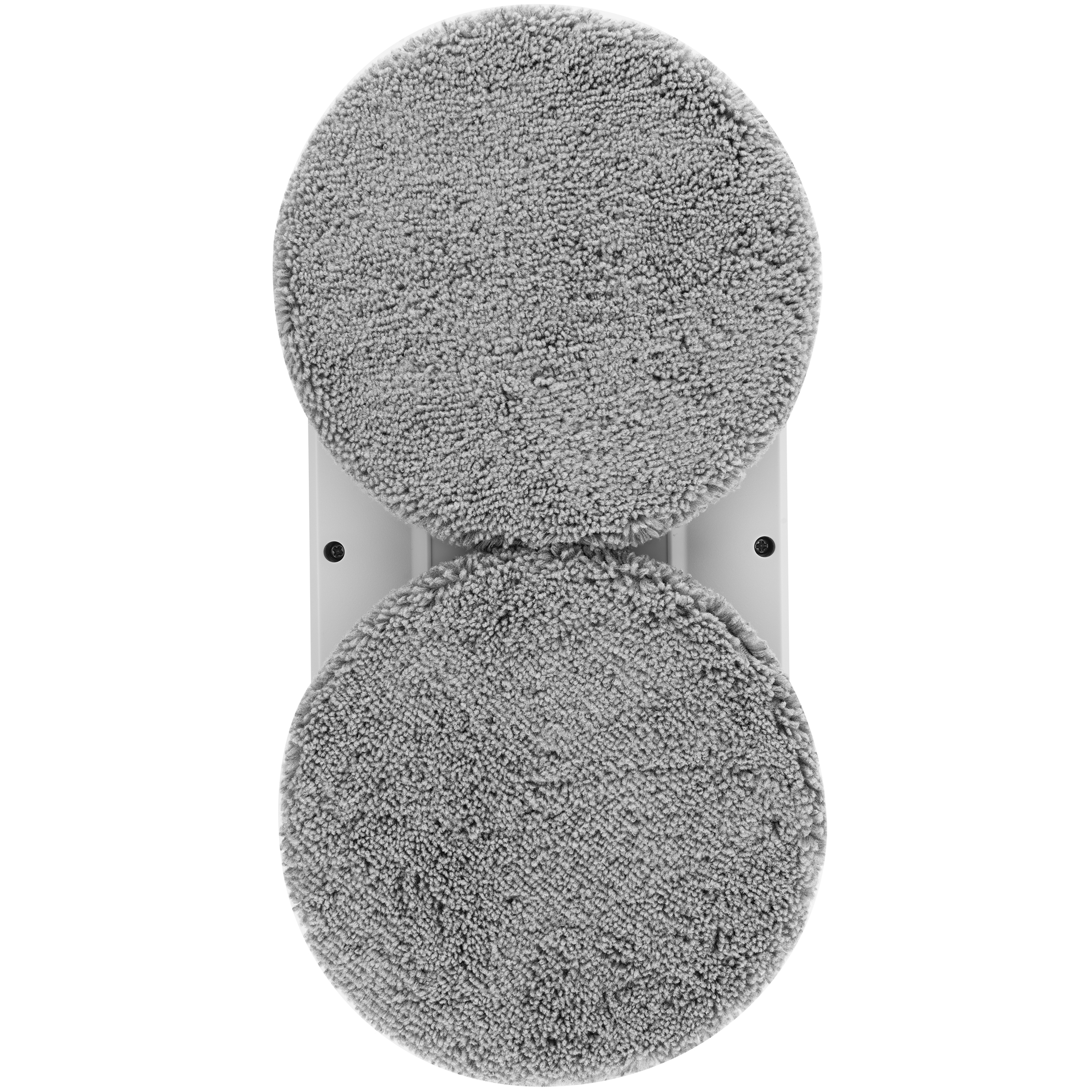 Vista dall'alto di un robot pulisci vetri bianco con due grandi panni in microfibra grigi.