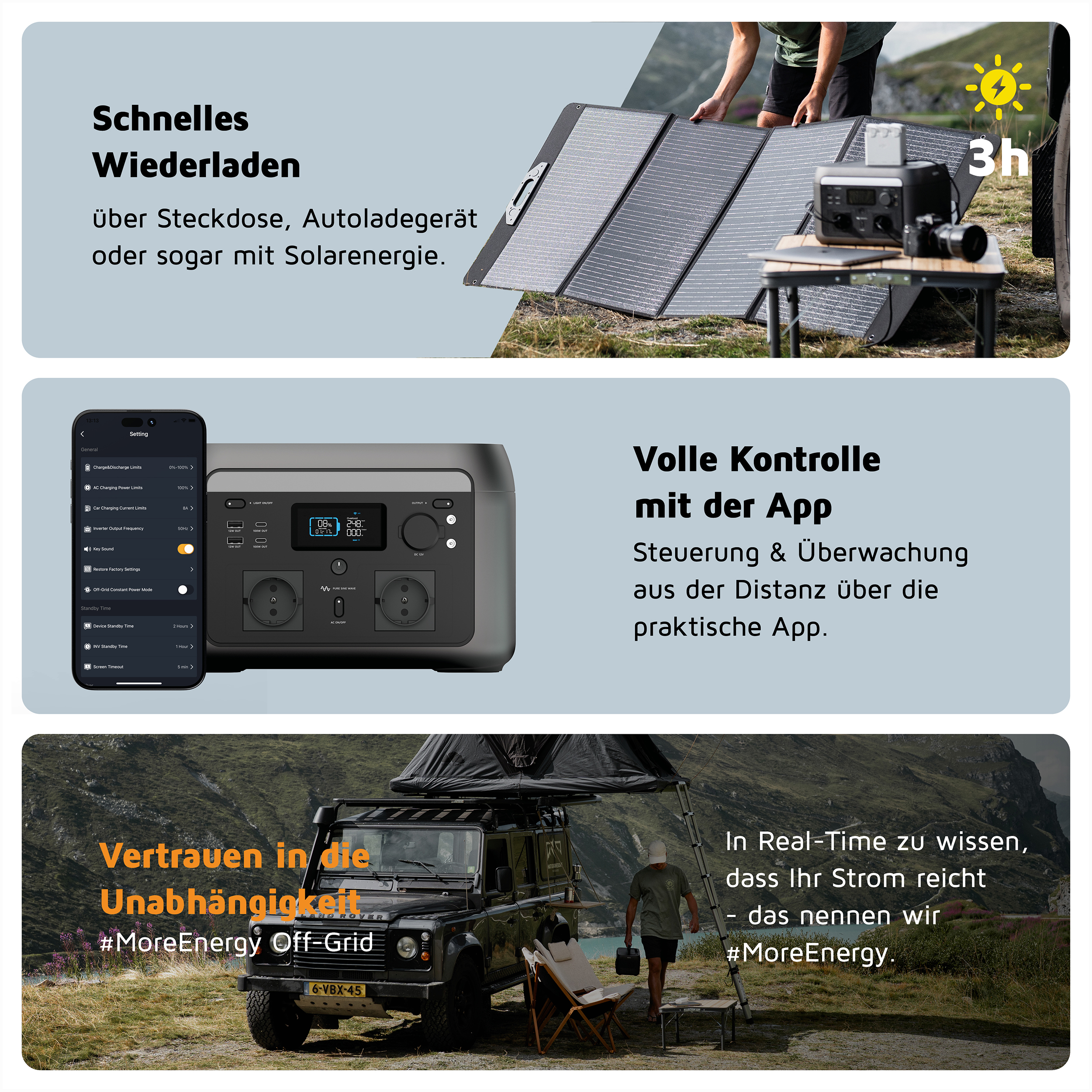 Werbebild für tragbare Solar-Powerstations mit App-Steuerung und Camping-Szenen.