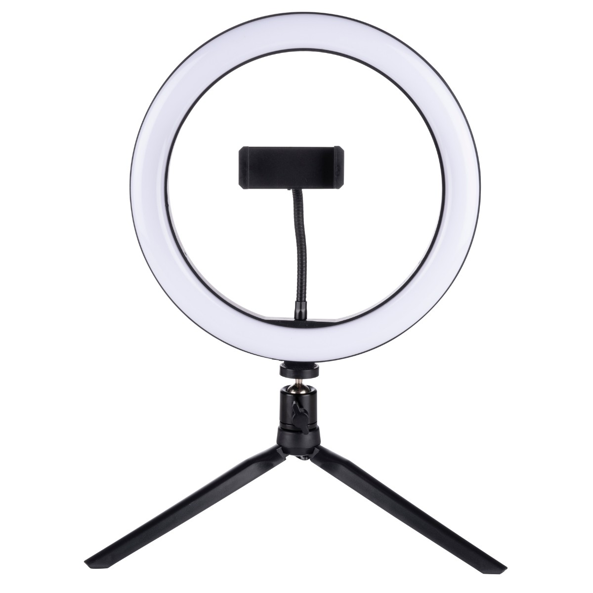 Ein weißer Ringlicht mit schwarzem Stativ und zentraler Smartphone-Halterung auf weißem Hintergrund.