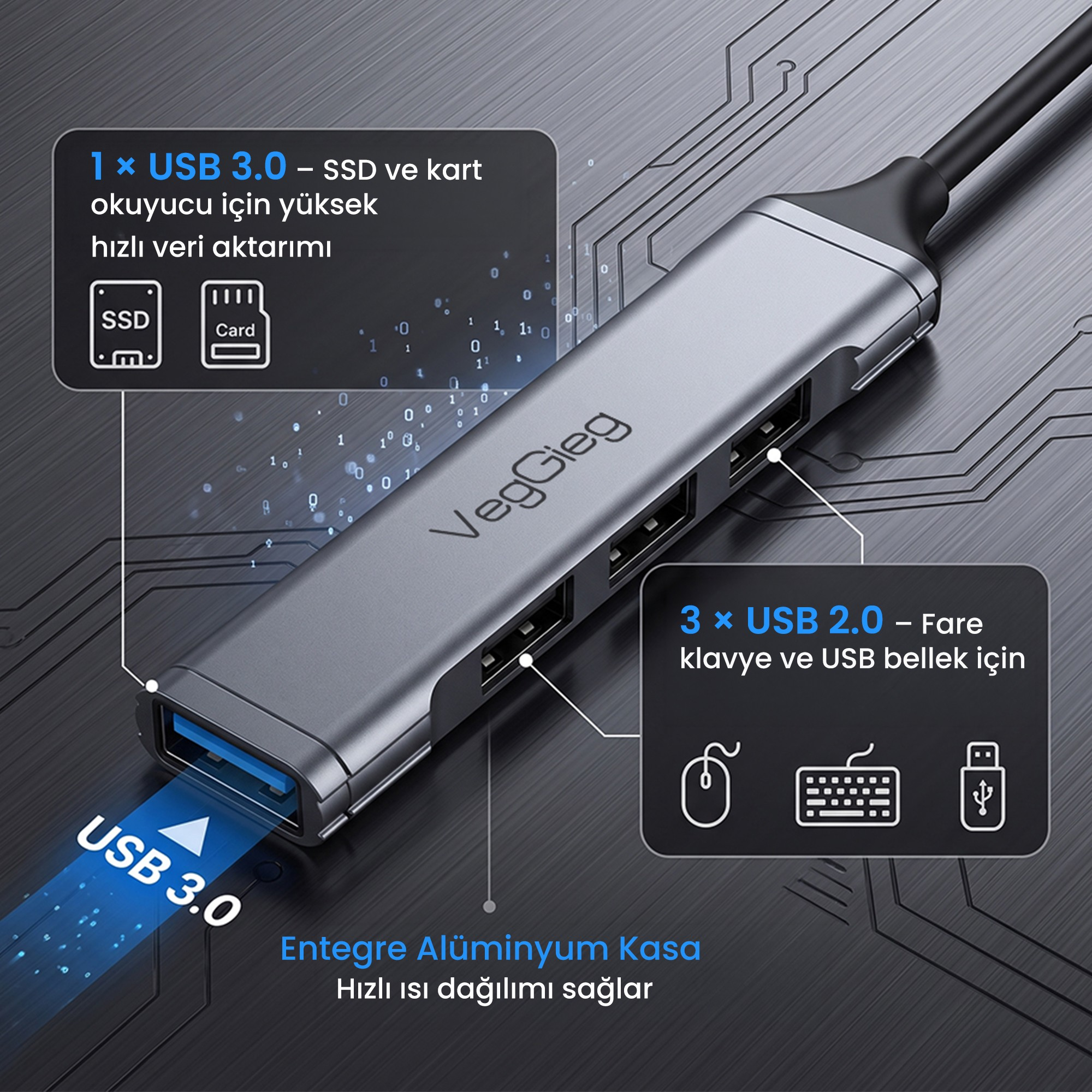 Devre kartı arka planında bir USB 3.0 ve üç USB 2.0 portlu gri VegGieg USB çoklayıcı.