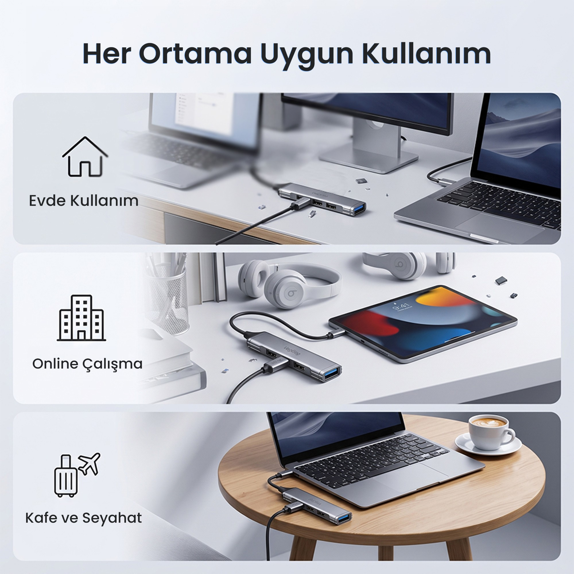 Üç görsel, evde, ofiste ve seyahatte dizüstü bilgisayarlar ve tabletlerle kullanılan USB çoklayıcıları gösterir.