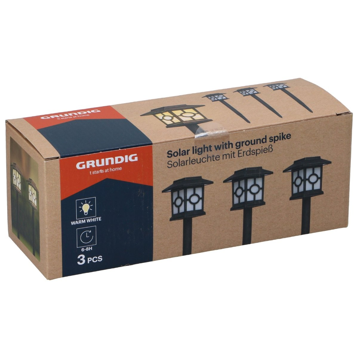 Boîte en carton Grundig pour 3 lampes solaires avec piquet, lumière blanc chaud et autonomie de 6 à 8 heures.