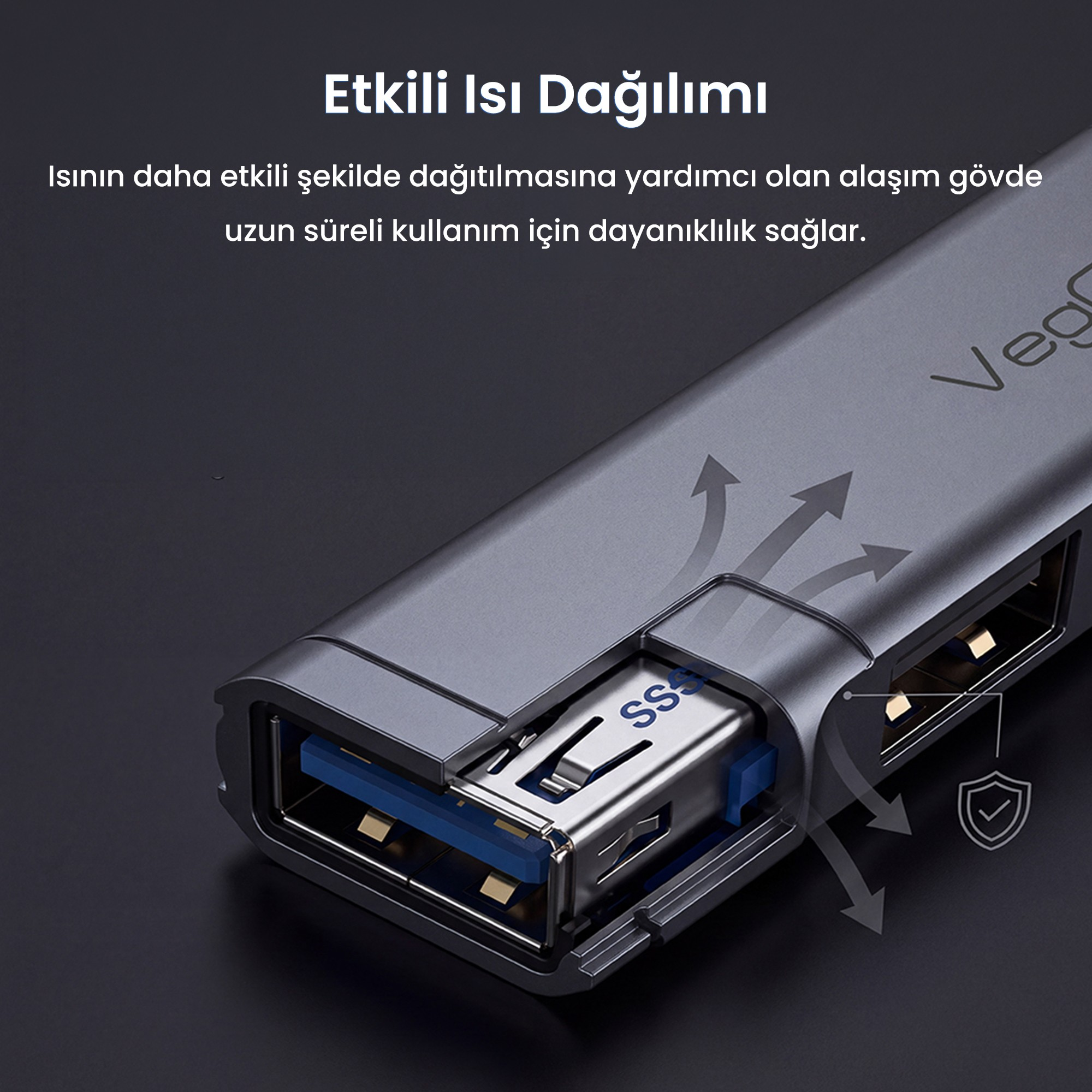 Koyu zemin üzerinde ısı dağılımı grafikleri ve metin bulunan gri USB çoğaltıcı.