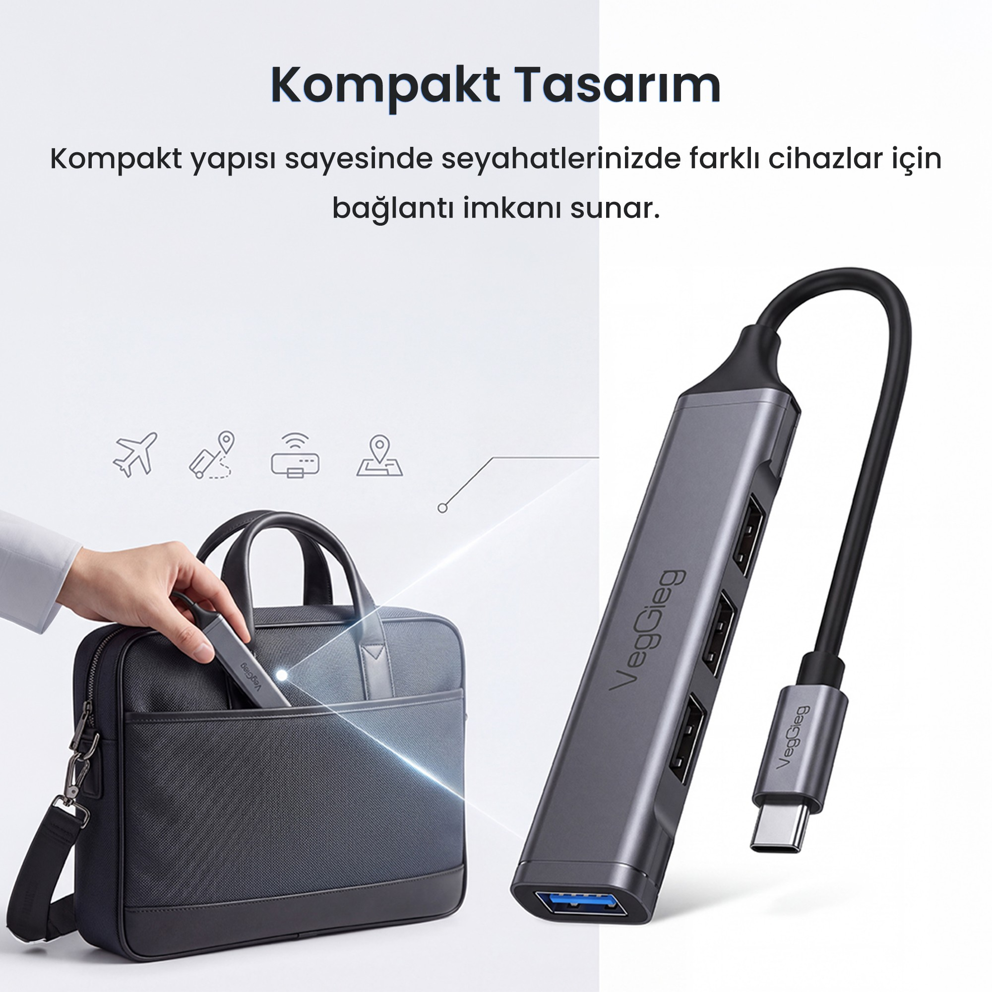 Çanta içine yerleştirilen birden fazla bağlantı noktasına sahip kompakt gri USB-C hub.